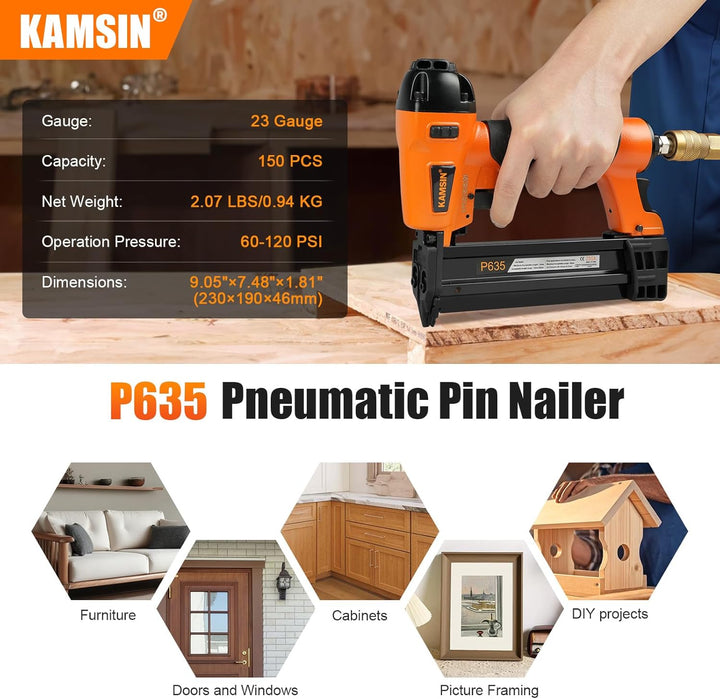 P635 23 GA Druckluft Stiftnagler kopflos mit 3000 Nägeln für Möbel | 13-35mm Nägel, 150 Stk Magazin,