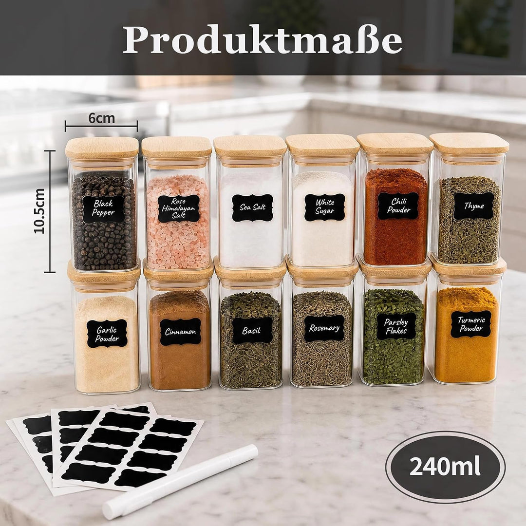 Gewürzgläser Eckig, 12 x 240 ml, Gewürzgläser Gross mit Bambusdeckel
