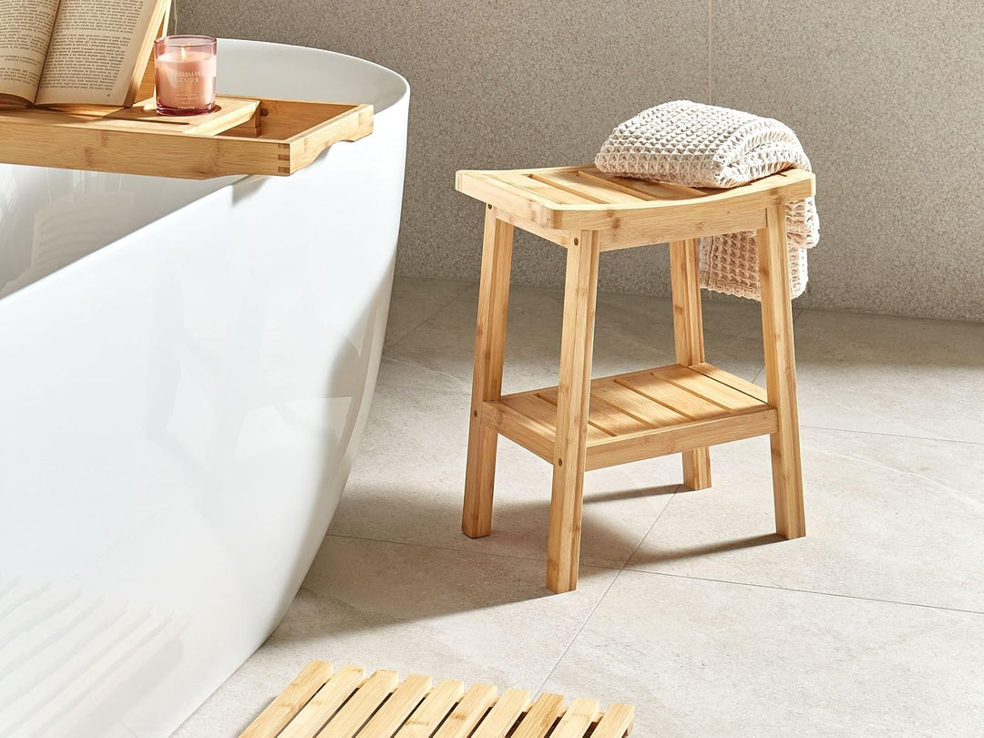 Beliani Bad Beistelltisch Hocker mit Ablage Bambusholz Hellbraun 39x25 cm modern Tremont