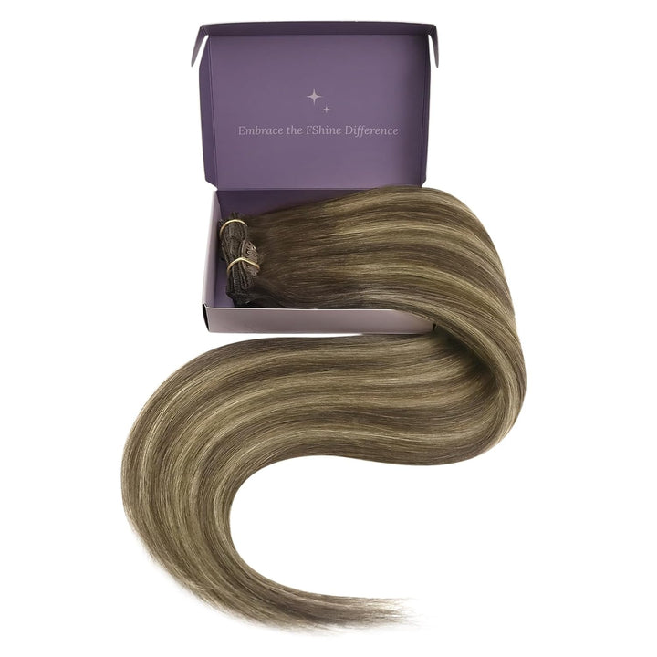 Fshine Echthaar Extensions Clip, 40cm 16 Zoll 120g 7 Stück BalayageSchokolade Braun Mxied Karamell B