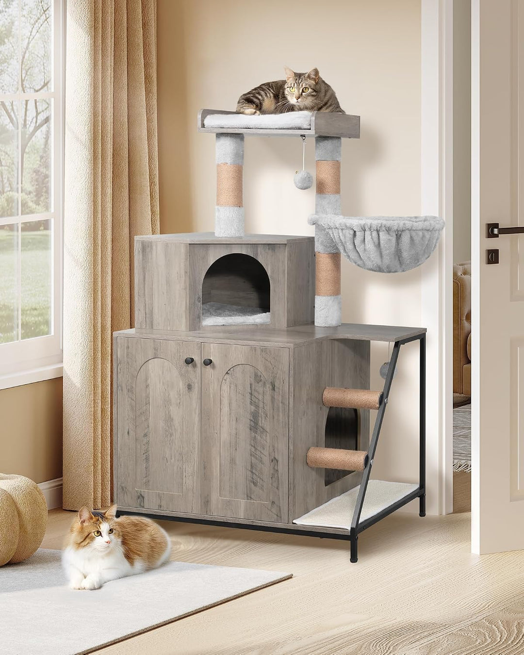 Hzuaneri Kratzbaum mit Katzenklo-Schrank, Katzenschrank, 4-in-1 Modernes Katzenhaus mit Grosser Plat
