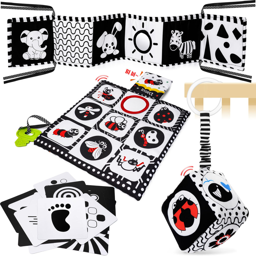 Schwarz Weiss Kontrastbuch mit Kontrastkarten, Baby Sensorik Kontrast Spielzeug 0-12 Monate Baby Ges