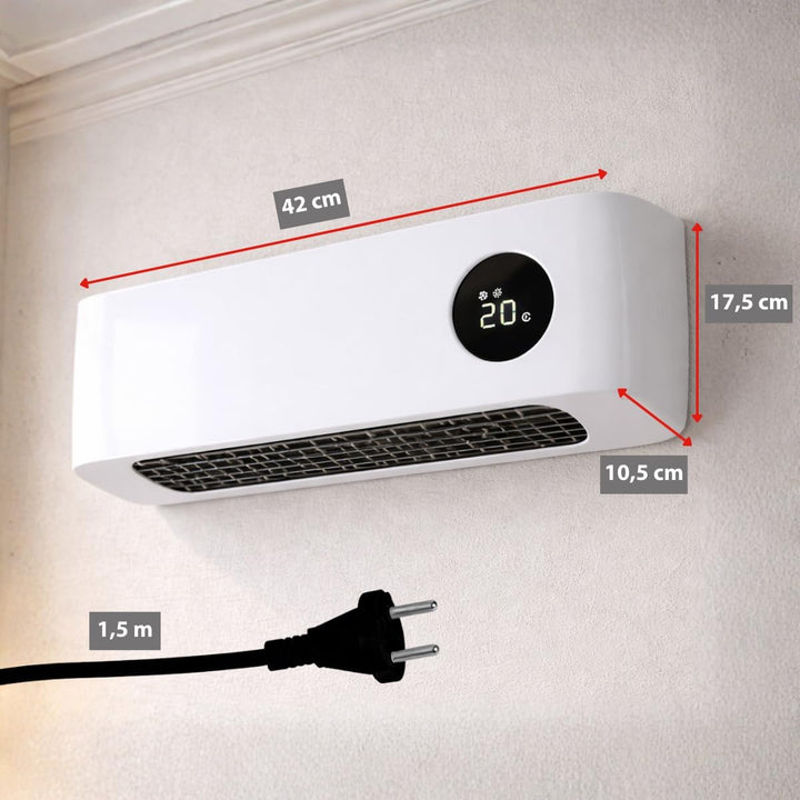 alpina Wand Heizlüfter 2000W – Keramik Heizstrahler mit 2 Leistungsstufen und Timer – Digital Thermo