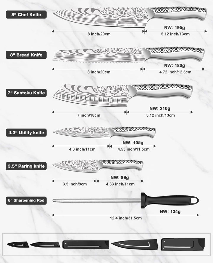 MOSFiATA Messerset Profi Küchenmesser Kochmesser Set mit Tasche &amp; Wetzstahl Messerset 5-tlg, Messers