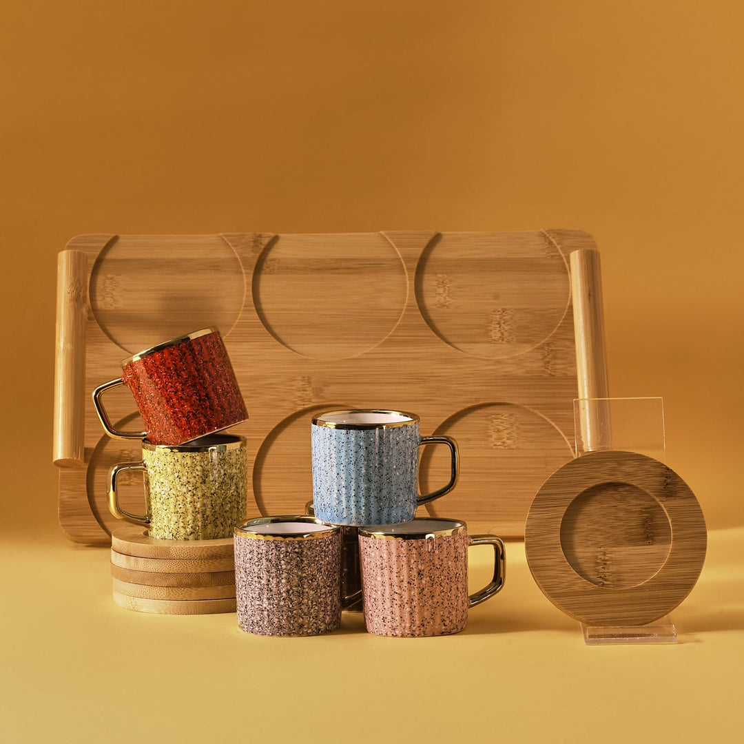 Karaca Bambus farbige Kaffeetasse Set, 6 Personen, 90 ml mit Tablett Türkischer Kaffee- Robuste Mokk