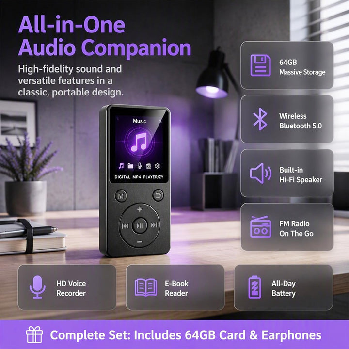 Bluetooth MP3 Player – Leichter MP3-Player mit Hi-Fi-Sound, Typ-C-Ladung, integriertem Lautsprecher,