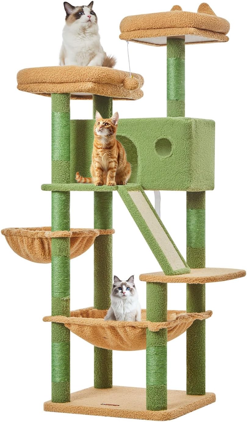 Taoqimiao 146CM Kratzbaum Gross, Katzenbaum Katzen Kratzbaum Grosse Katzen Stabil mit 2 Katzenhaus,