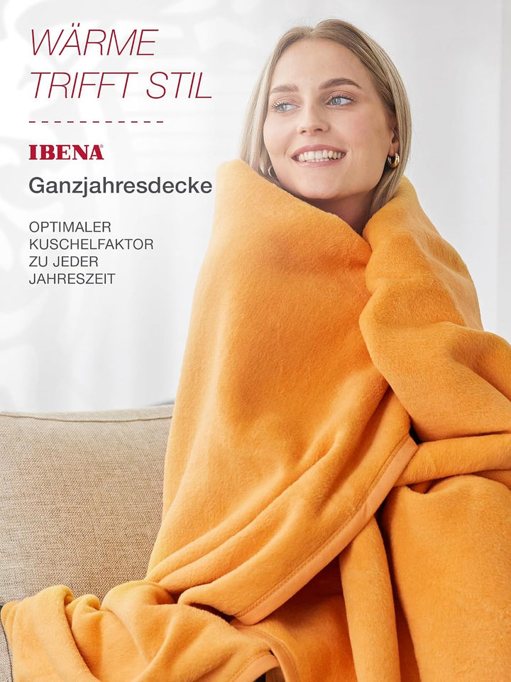 Ibena Porto Decke 150x200 cm – Baumwollmix weich, warm &amp; waschbar, Kuscheldecke gelb Gold einfarbig