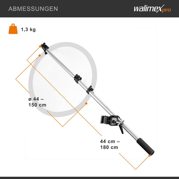 Walimex pro Reflektorhalter mit Klemme 44-150 cm (inkl. Transporttasche), Halter mit Klemme