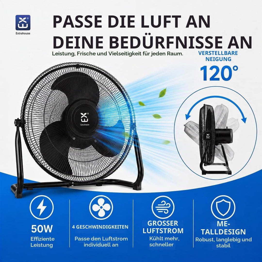 Bodenventilator aus Metall, 45 cm, 50 W, 3 Geschwindigkeitsstufen, 3 Flügel aus Aluminium, verstellb