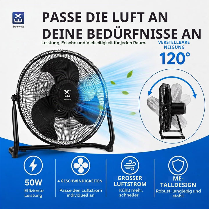 Bodenventilator aus Metall, 45 cm, 50 W, 3 Geschwindigkeitsstufen, 3 Flügel aus Aluminium, verstellb