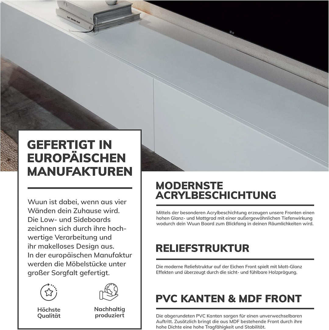 Wuun® TV Lowboard TV Board hängend I 100cm-280cm I Hängeschrank Wohnwand/Somero Weiss-Matt/Beton-Opt