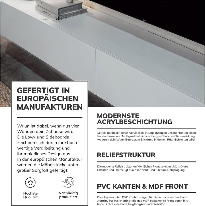 Wuun® TV Lowboard TV Board hängend I 100cm-280cm I Hängeschrank Wohnwand/Somero Weiss-Matt/Beton-Opt