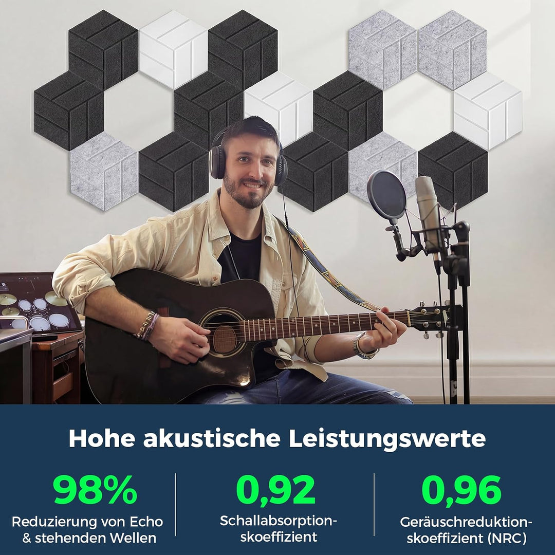 12 Stück Hexagon Akustikplatten Selbstklebend, 30 x 26 x 0,9 cm Hohe Dichte schallabsorber wand, Sch