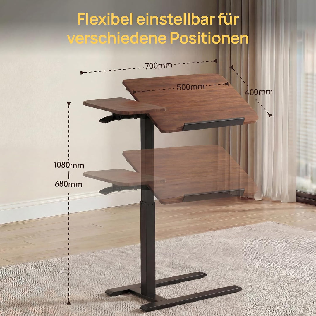 Viviendo Betttisch auf Rollen, Braun, höhenverstellbarer Beistelltisch 68–108 cm mit Gasdruckfeder,