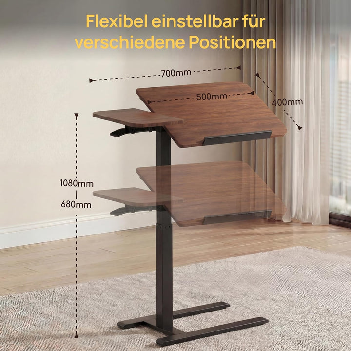 Viviendo Betttisch auf Rollen, Braun, höhenverstellbarer Beistelltisch 68–108 cm mit Gasdruckfeder,