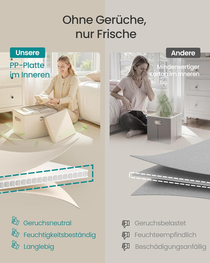 SONGMICS Aufbewahrungsboxen, 3er Set, mit Deckel, Stoffboxen mit Griffen Cappuccinobeige, Cappuccino