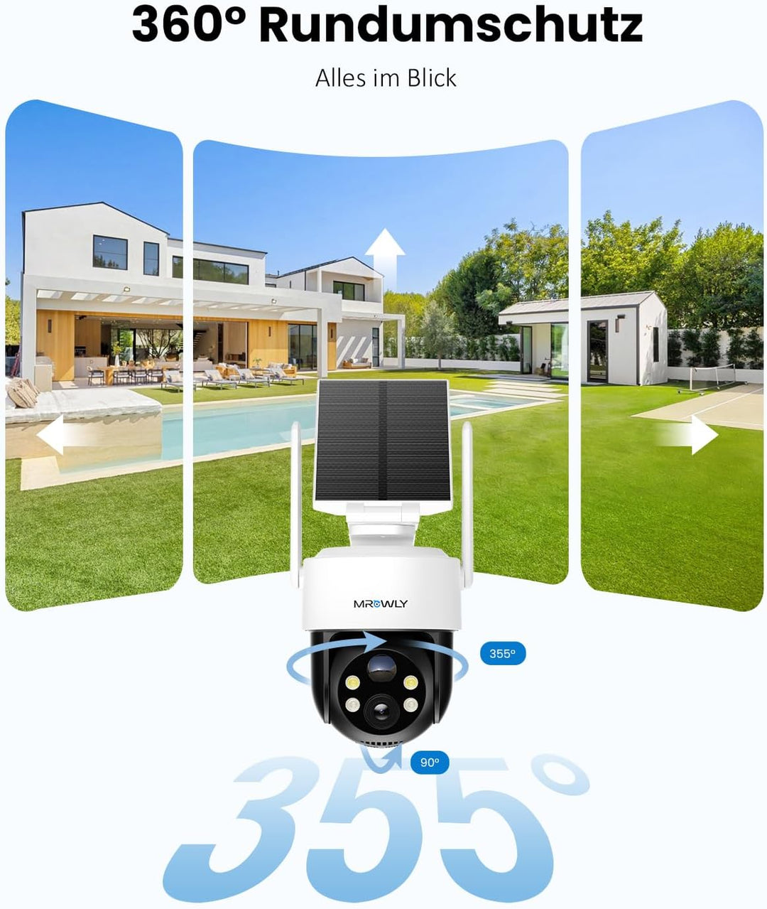 2K Überwachungskamera Aussen Solar, 360° PTZ WLAN Kamera Outdoor Kabellos mit abnehmbarem Solarpanel