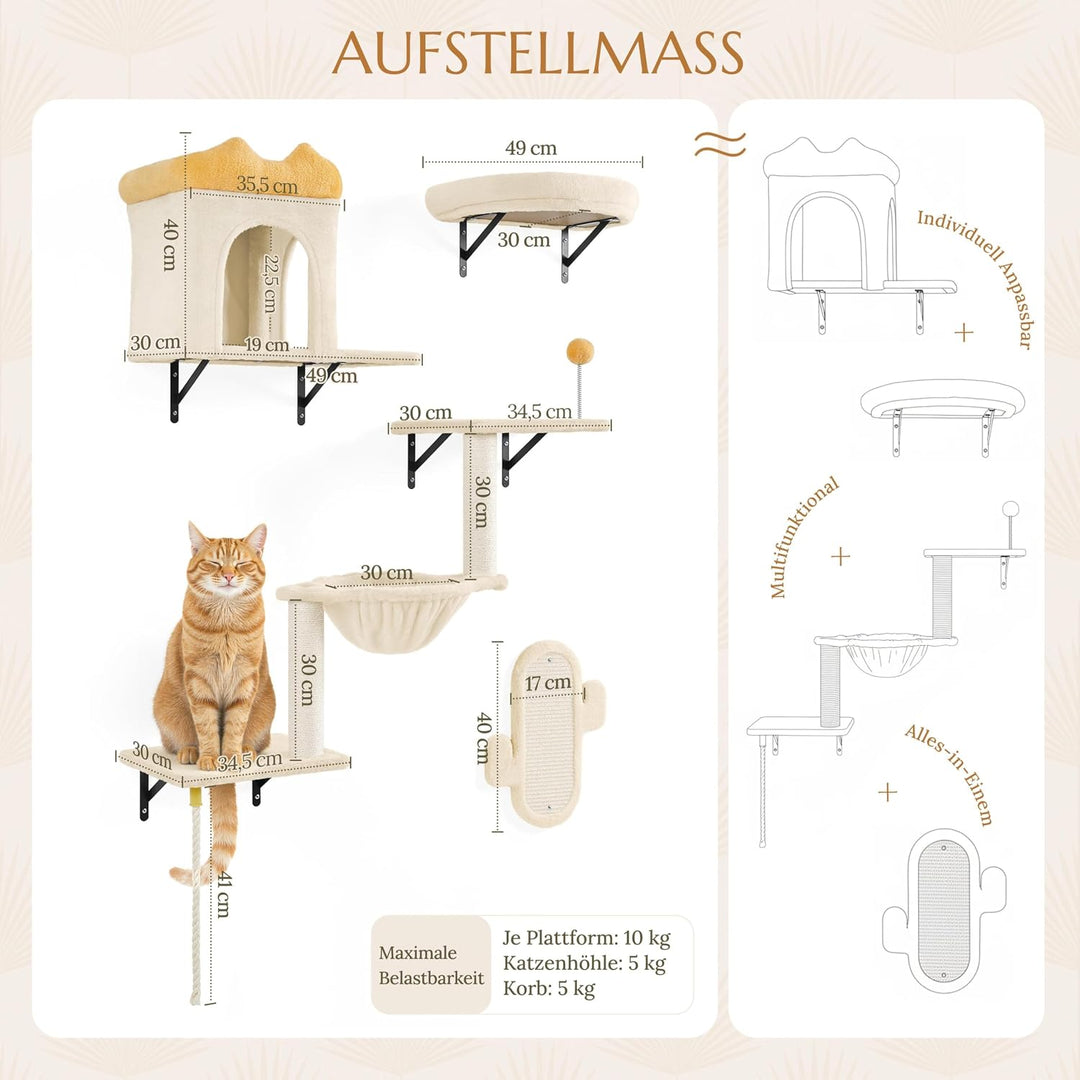 Yaheetech Kletterwand Katzen Wandelemente mit Katzenhaus &amp; Korb beige Beige 49 cm L × 30 cm B × 40 c