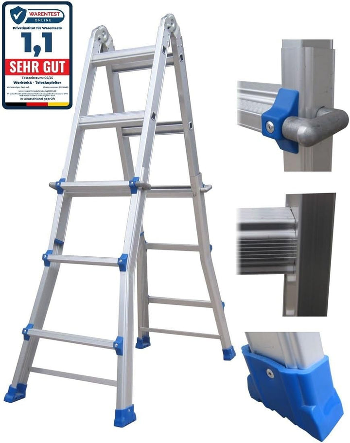 Worktekk® Profi 4/7/14 Teleskopleiter Leiter 14 Sprossen Aluleiter Mehrzweckleiter Klappleiter Bockl