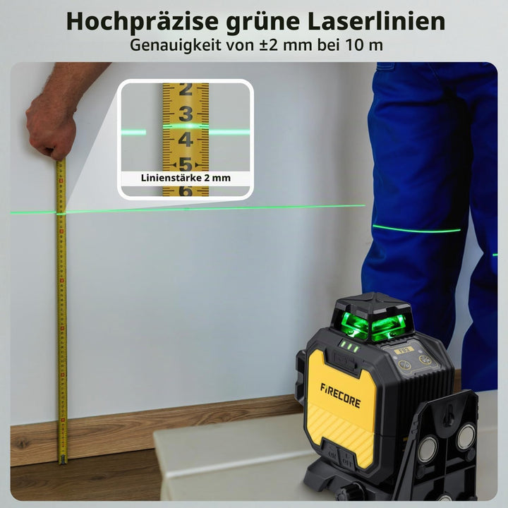 Kreuzlinienlaser mit Empfänger Firecore 3 x 360 ° Grün Selbstnivellierend Laser Wasserwaage, Baulase
