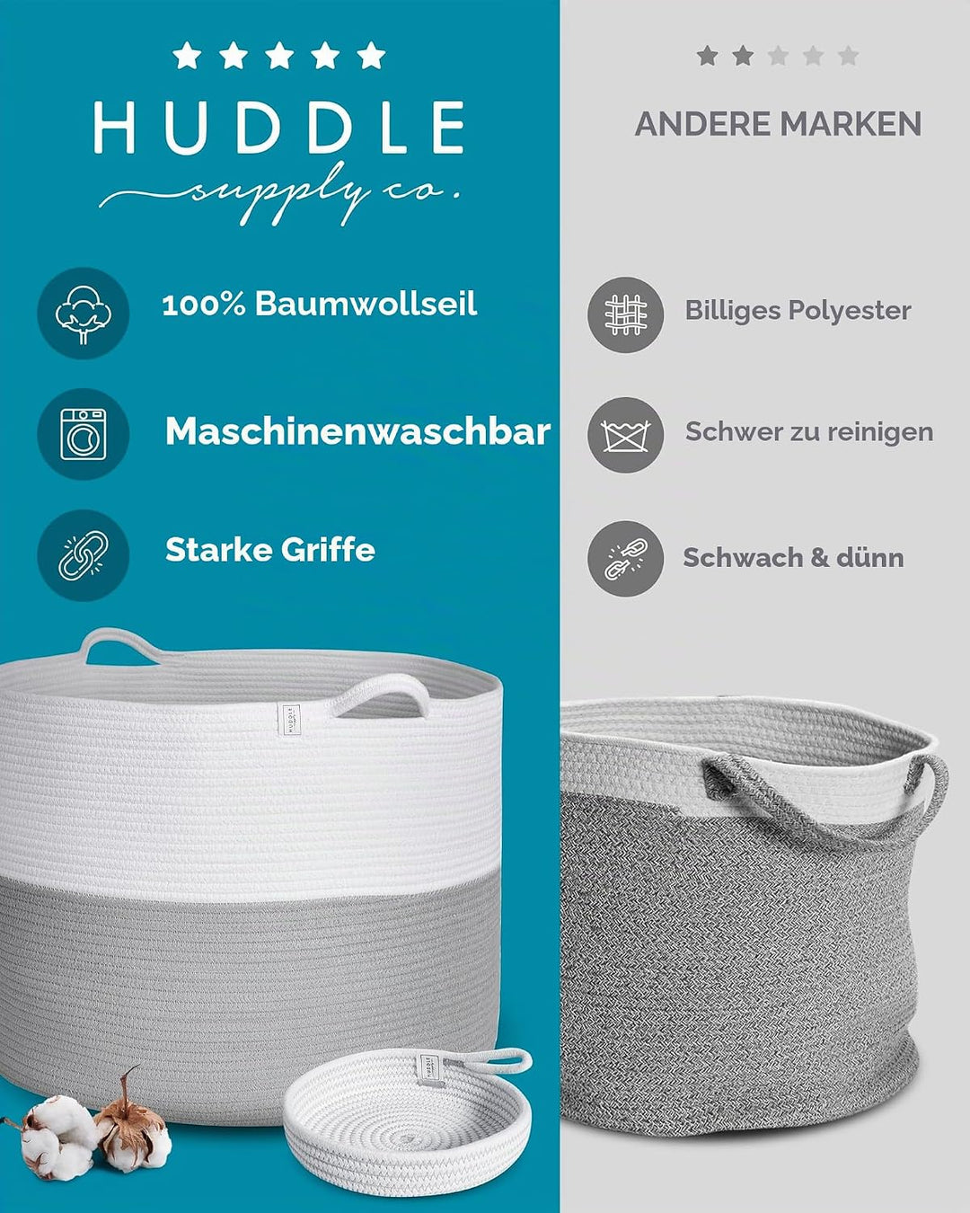 Waschbarer Jumbo-Deckenkorb in Grösse 4XL, 125 l, gewebter dekorativer Korb aus Baumwollseil mit Gri