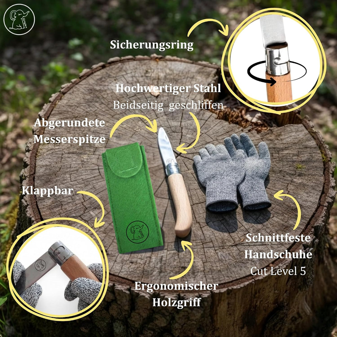 Eli® Schnitzmesser für Kinder mit Filztasche ab 6 Jahre inkl. Handschuhe grün, grün