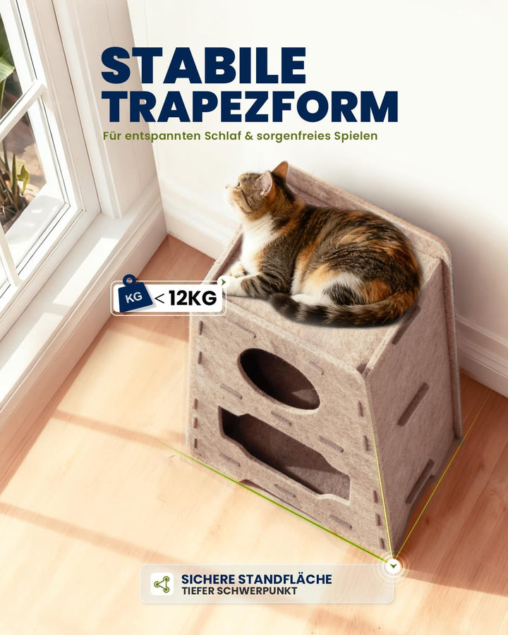 Katzenhöhle Filz Katzenhaus aus Filz für grosse Katzen, Katzen Höhle 3-Ebenen, Trapezform Stabiles K