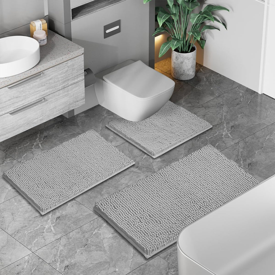 Badematte Set 3 teilig Light Grey, rutschfeste Chenille Badteppiche, Waschbar &amp; Minimalistisch Badvo
