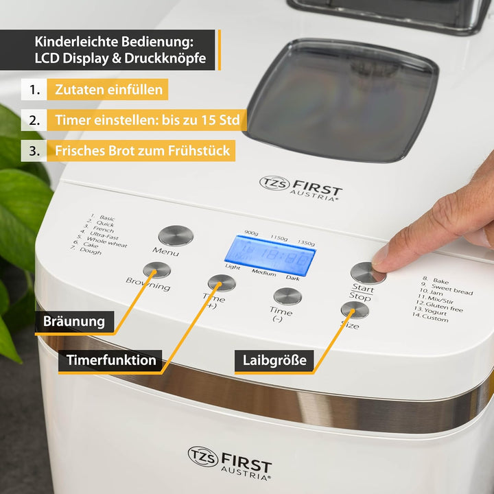TZS First Austria Multifunktionaler Brotbackautomat | 14 Programme | Zutatenspender | Teigmenge 900g