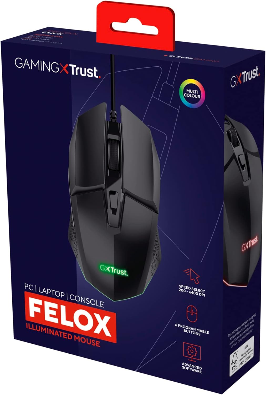 Trust Gaming GXT 109 Felox Gaming Maus mit 6 Programmierbare Tasten, Mehrfarbige LED-Beleuchtung, 20