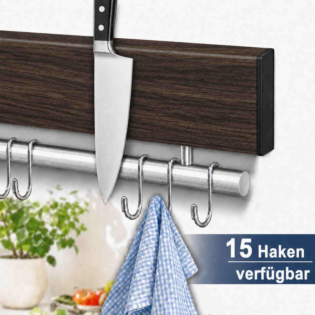 Dmore Magnetleiste Messer mit 15 Haken, 59cm Messerhalter magnetisch aus Edelstahl, Walnuss-Optik Ma