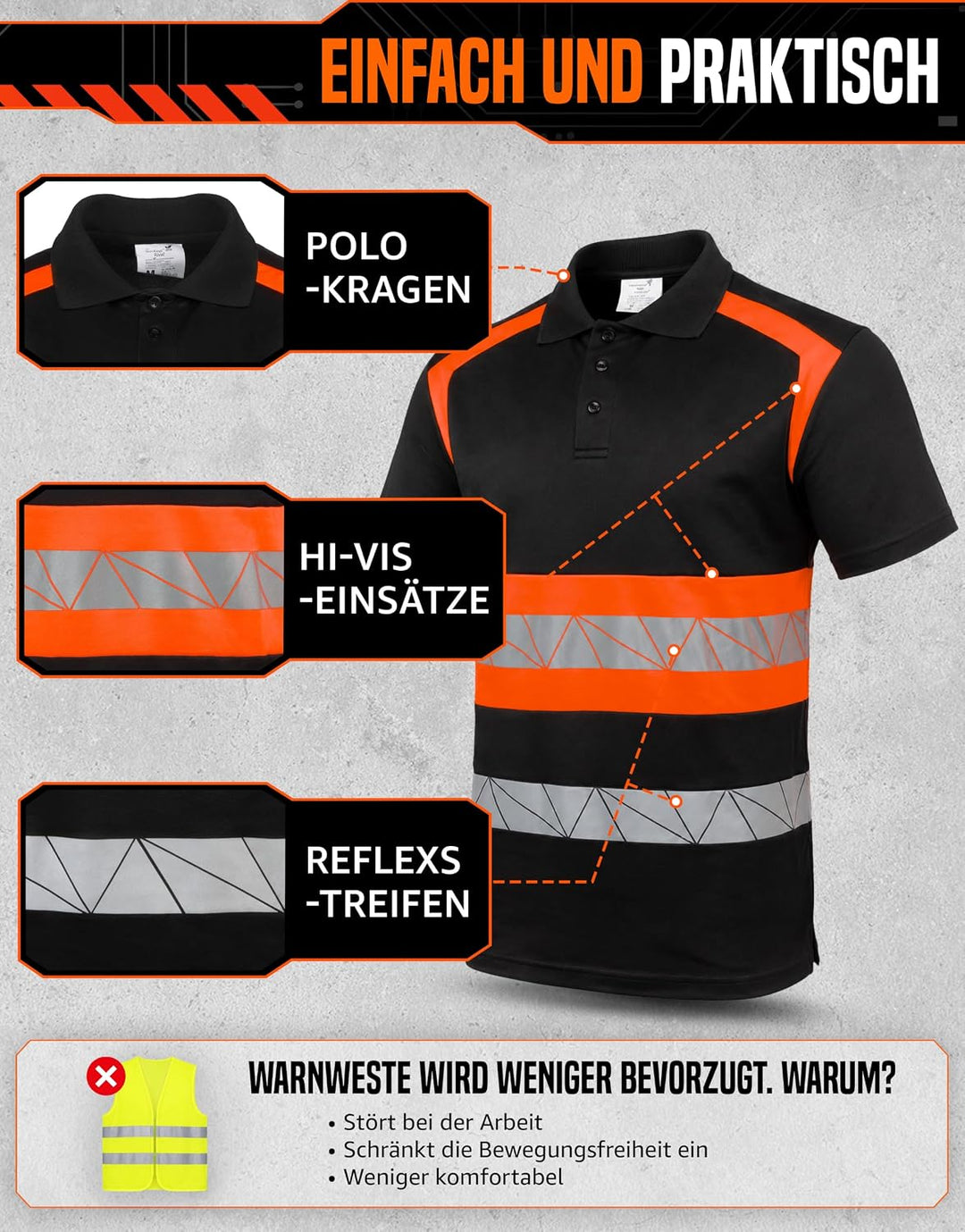 Warnschutz T-Shirt Polo - Atmungsaktiv mit Reflexstreifen und Baumwolle - Warn Tshirt Herren XXL Sch