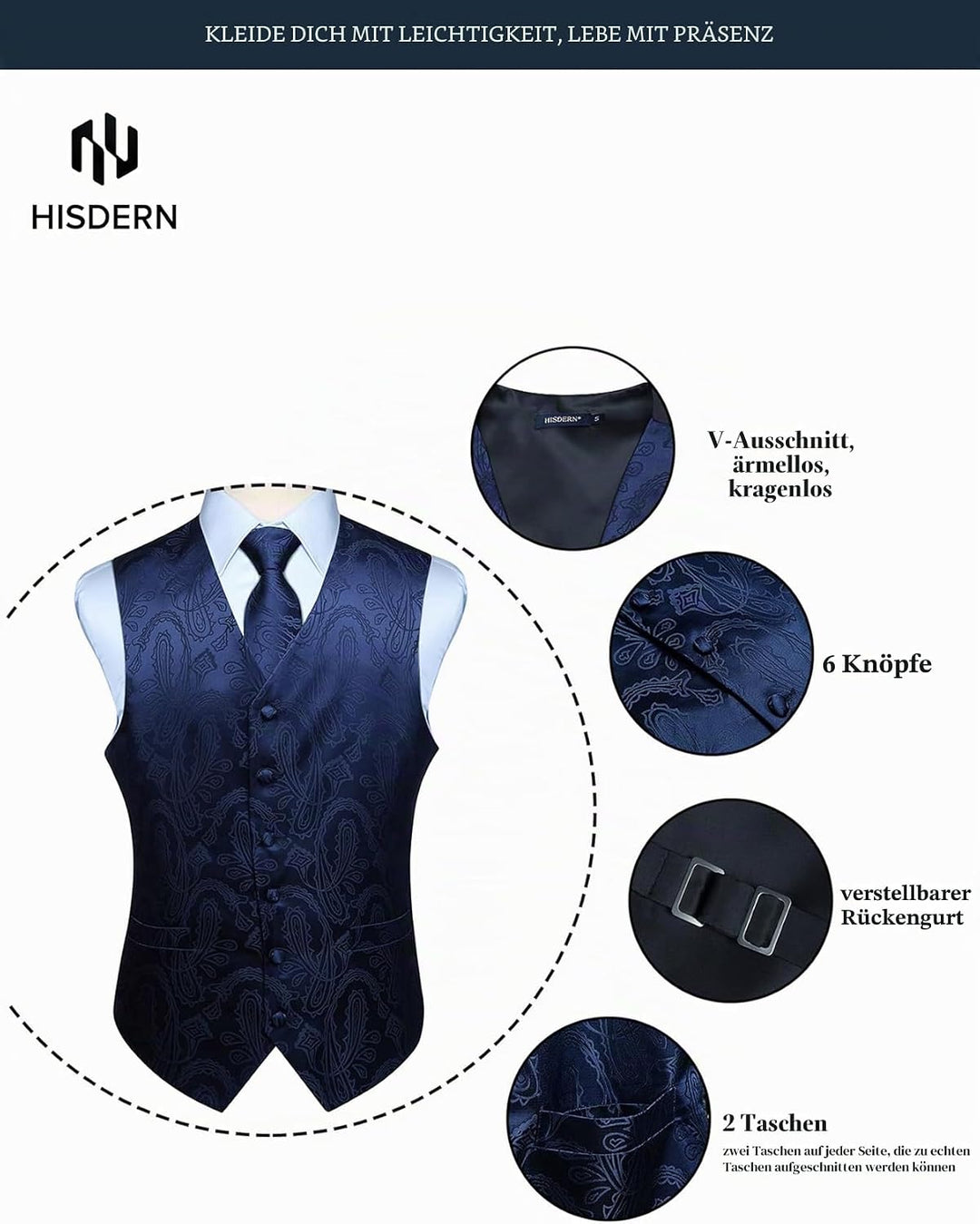 HISDERN Herren FLoral Hochzeit Weste Krawatte Einstecktuch Taschentuch Jacquard Weste Anzug Set XS N