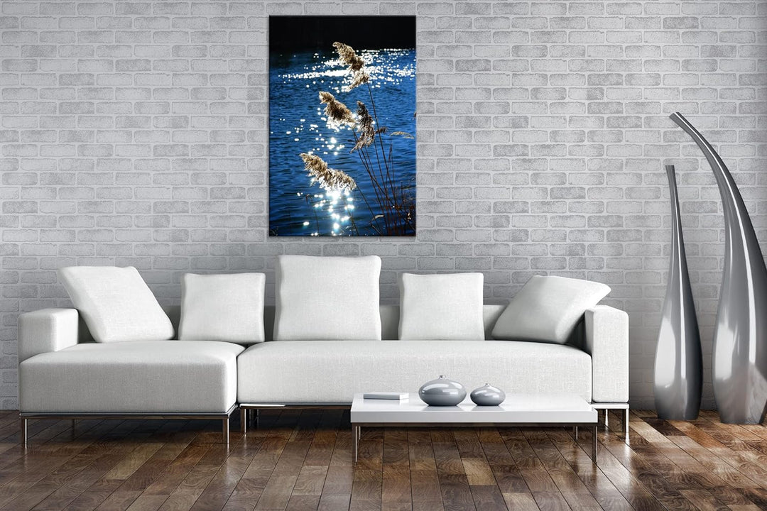 deyoli Schilf mit schimmernden Wasser im Format: 100x70 als Leinwandbild, Motiv fertig gerahmt auf E
