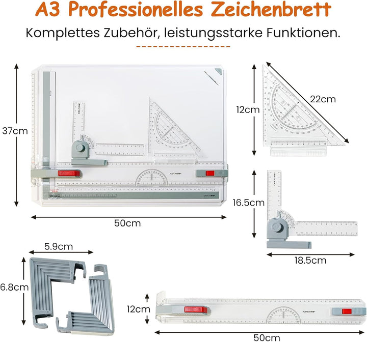 Ecliptix A3 Profi Zeichenbrett Set, nutzbar für A3‑ und A4‑Zeichenpapier Weiss, Weiss