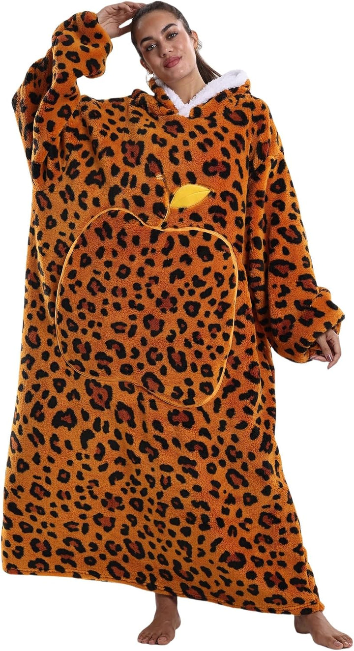 Hoodie Decke Extra Lang mit Kapuze und Tasche für Damen Herren Orangener Leopard01, Orangener Leopar