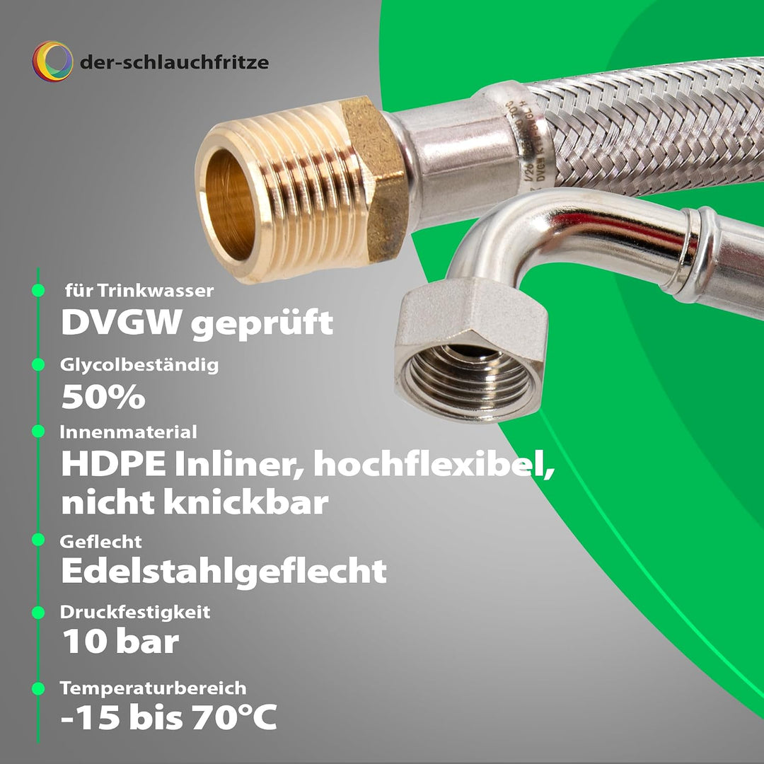 H2O-Flex® Flexschlauch 1/2" Aussengewinde x 1/2" Überwurfmutter Bogen, 1,5m 150cm / 1500mm, 150cm /