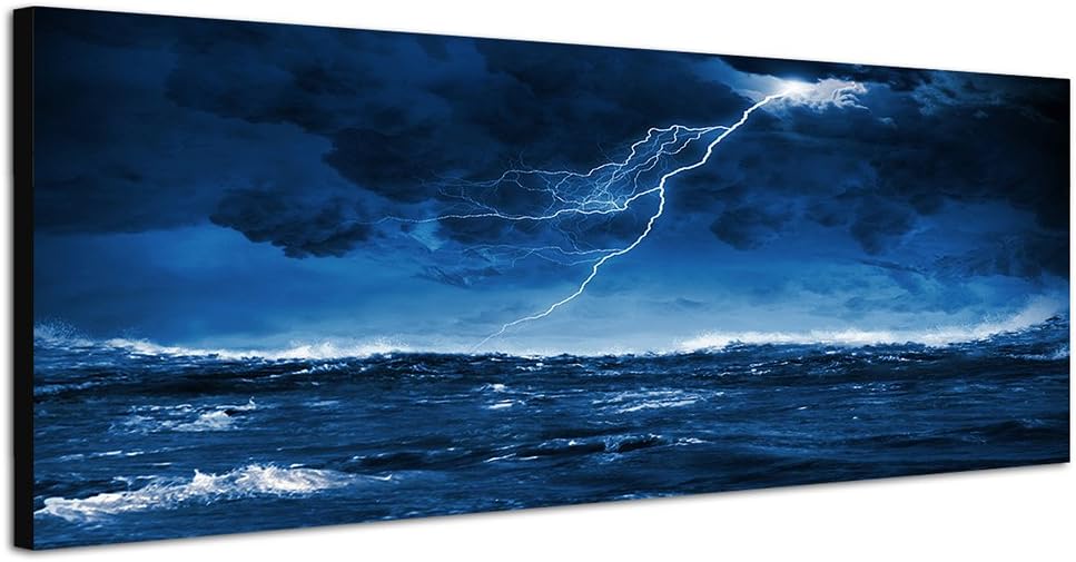 Paul Sinus Art Panoramabild auf Leinwand und Keilrahmen 150x50cm Meer Wellen Sturm Gewitter Blitze N