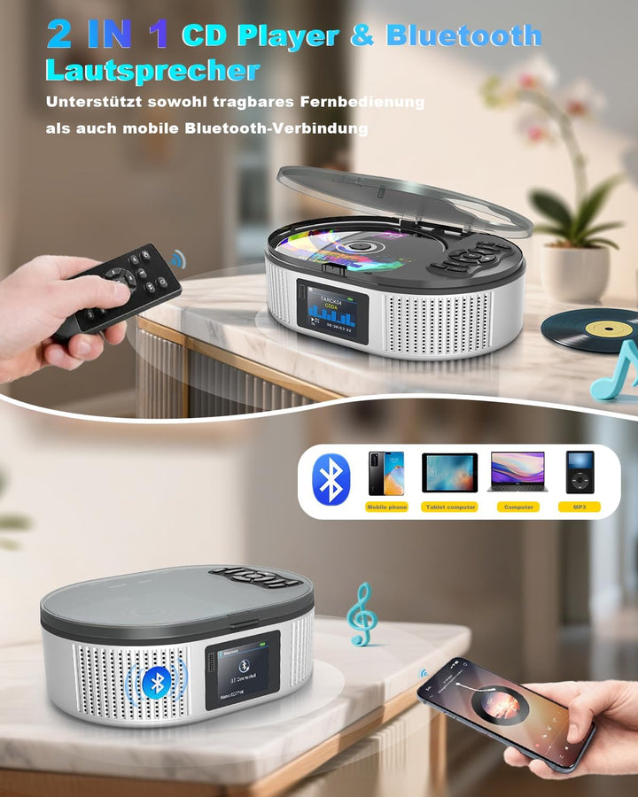 Tragbarer CD Player, CD Player Bluetooth mit Dual Stereo Lautsprecher, 4000mAh Rechargeable Desktop