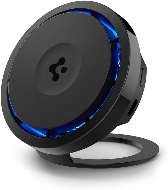 Spigen OneTap Pro 3 Cryomax Qi2 15W MagSafe Ladestation, Schwarz Ladestation mit ausklappbarem Ständ