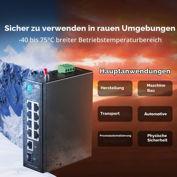 MokerLink 10 Port Industrial Din Rail Switch, 8 Ports 100Mbps,1 Gigabit Ethernet and 1 SFP Uplink, D