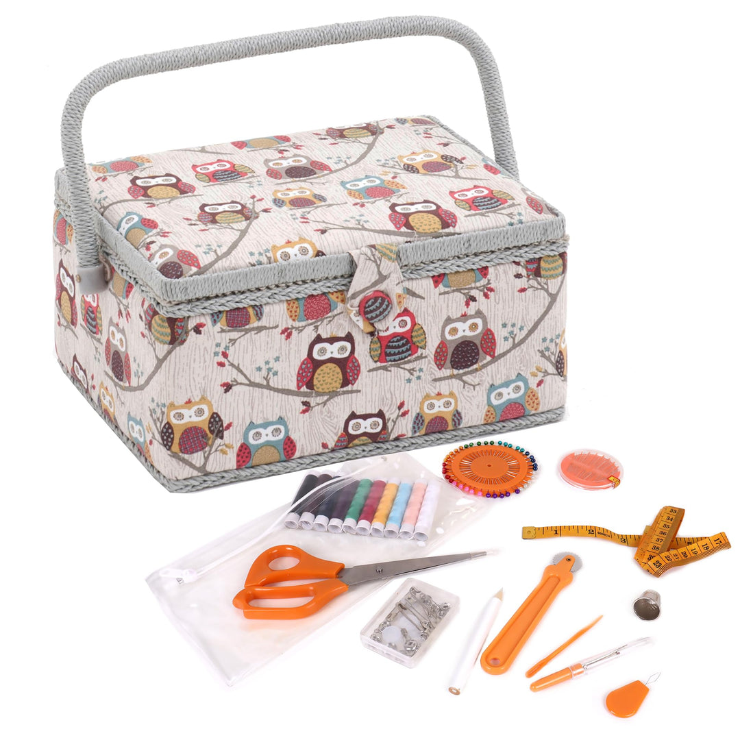 Hobby Gift Nähkästchen Mittel Set mit Griff - Nähkorb aus Baumwolle mit Fächern für Nähzubehör &amp; Wer