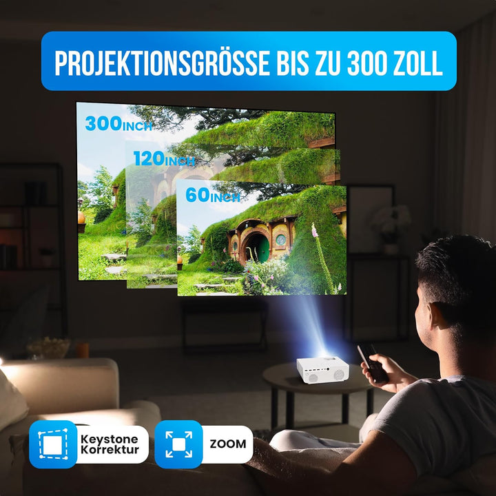 Strex Beamer - 1080P Full HD - 15000 Lumen - Drahtloses Streaming - WiFi - Bluetooth - Mini Beamer -