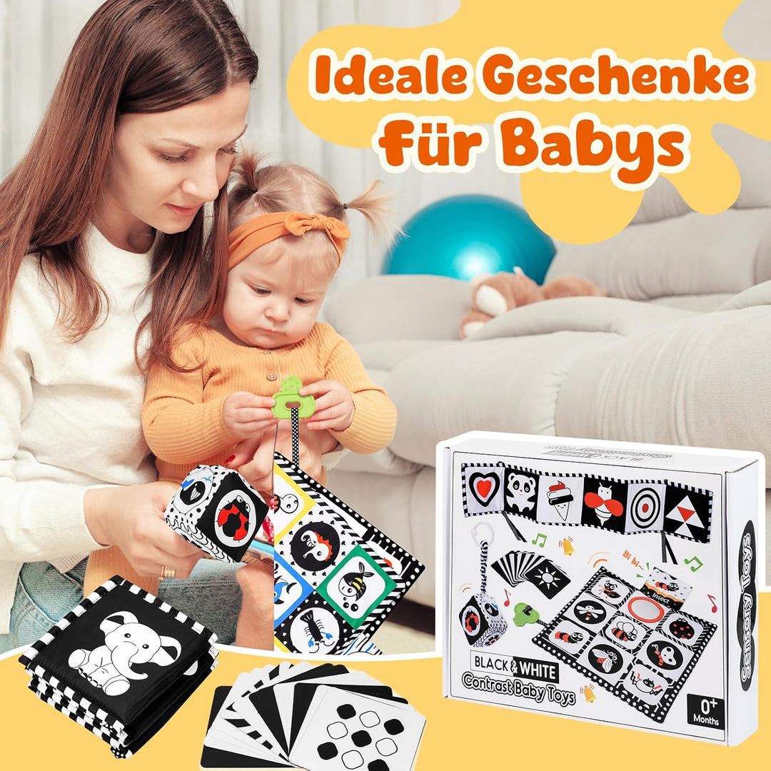 Schwarz Weiss Kontrastbuch mit Kontrastkarten, Baby Sensorik Kontrast Spielzeug 0-12 Monate Baby Ges