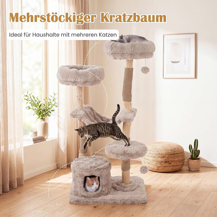 COSTWAY Kratzbaum Holz, 147 cm hoch, Katzenbaum mit Katzenhöhle, Beige