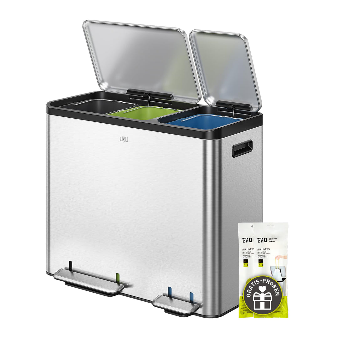 EKO Ecocasa Mülleimer Küche 3 Fächer, 3 x 15 Liter, Abfalleimer mit farbcodierbaren Inneneimern, Tre