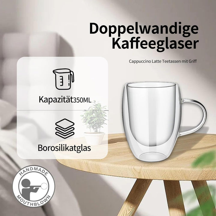 Latte Macchiato Gläser 350 ml, 6er Set, doppelwandige Kaffeegläser mit Henkel, aus Borosilikatglas,