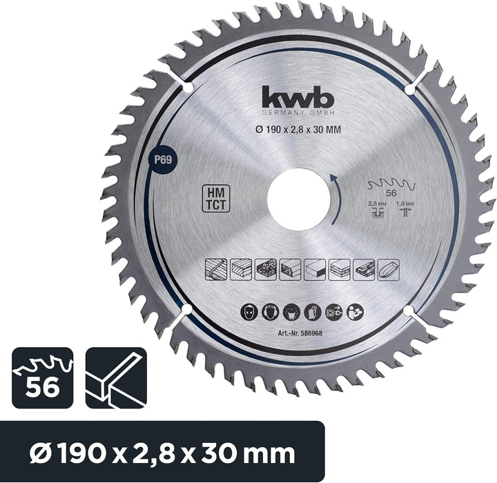 kwb Kreissägeblatt 190 x 30 mm, sehr feiner Schnitt, Sägeblatt geeignet für Arbeitsplatten, Holz und