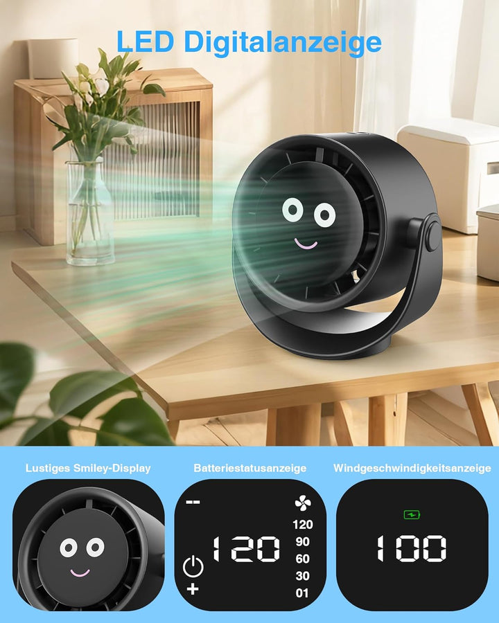 USB Ventilator, Kleiner Tischventilator mit 5 Geschwindigkeiten, LED Display, 360° Drehung Ventilato